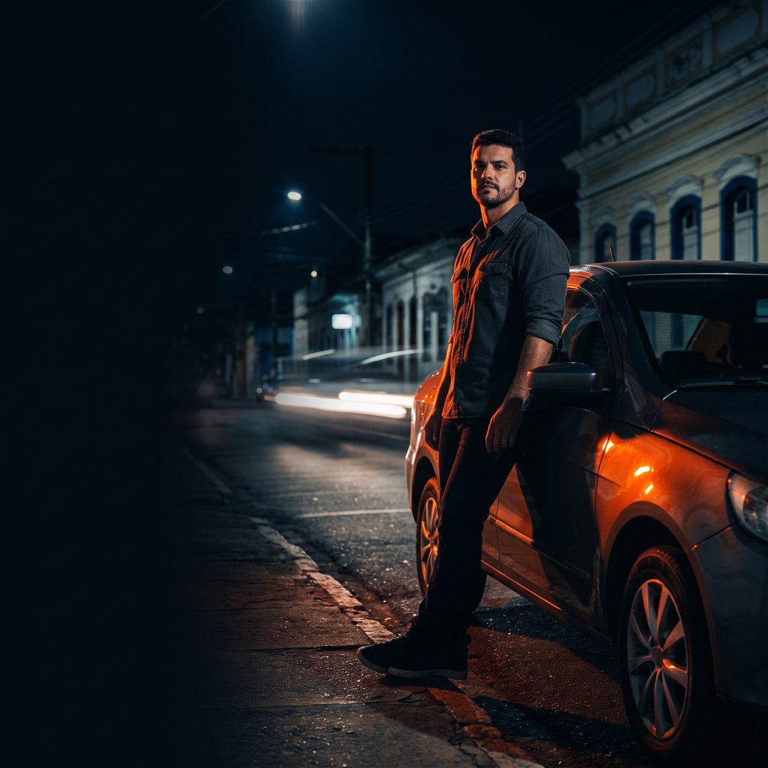 Arte gerada por IA: motorista ao lado do carro à noite com luz laranja